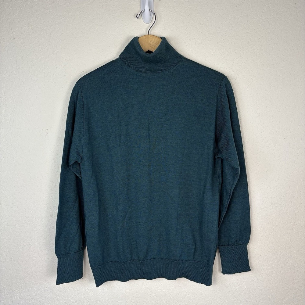 J Peterman Italy 100% Merino Wool Turtleneck Knit Top Sweater Mens M Teal Blue
